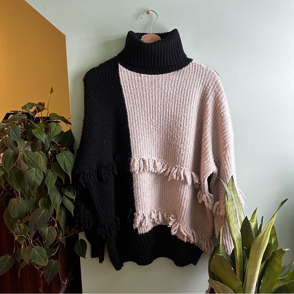Nasty Gal Black and Cream Fringe Turtleneck Sweater